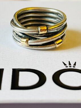 Pandora Rope Ring Sterling Silver and 14K Gold Statement Ring Size 52